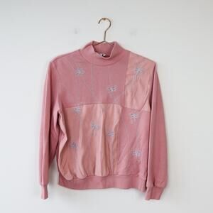 Vintage Pink Patchwork Mock Turtleneck Knit Sweatshirt Petite Medium